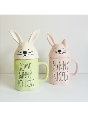 Rae Dunn Bunny Mug Set Ceramic Pastel Green Pink